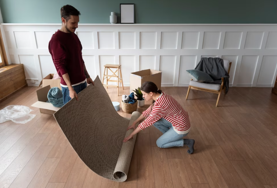 couple rolling new flooring on their floor